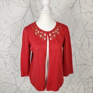 Jones New York Red Linen Cotton Knit Sequin Cutout Cardigan